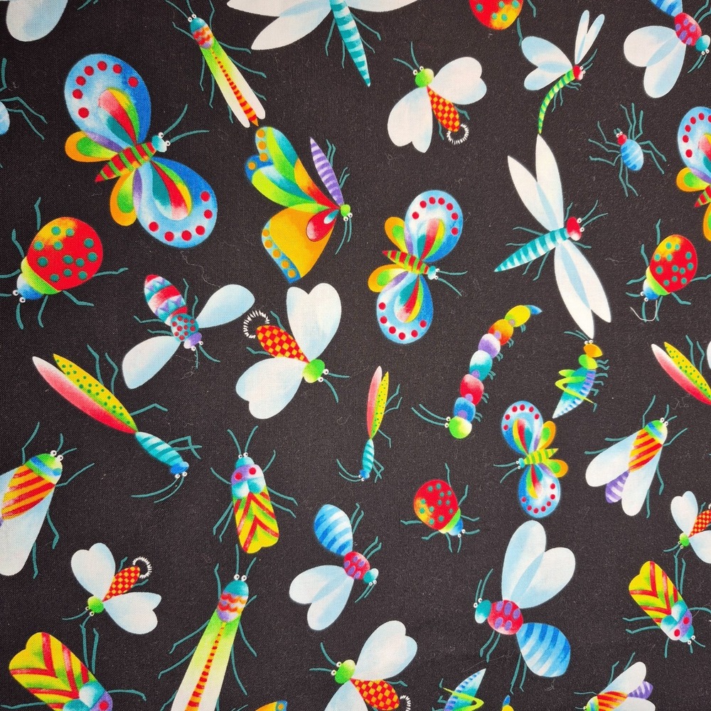 Bright Whimsical Bugs on Black Background Cotton Fabric Timeless Treasures 1 Yd